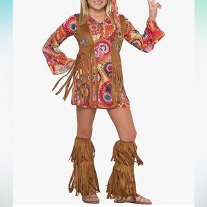 Hippie Halloween Costume Groovy Dress Peace Necklace Fringe Girl’s Medium GUC